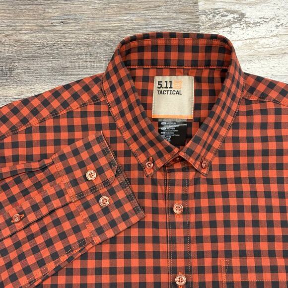 5.11 Tactical Orange Black Gingham Mens M Button‎ Down Utility Flannel Shirt EUC - Picture 1 of 9